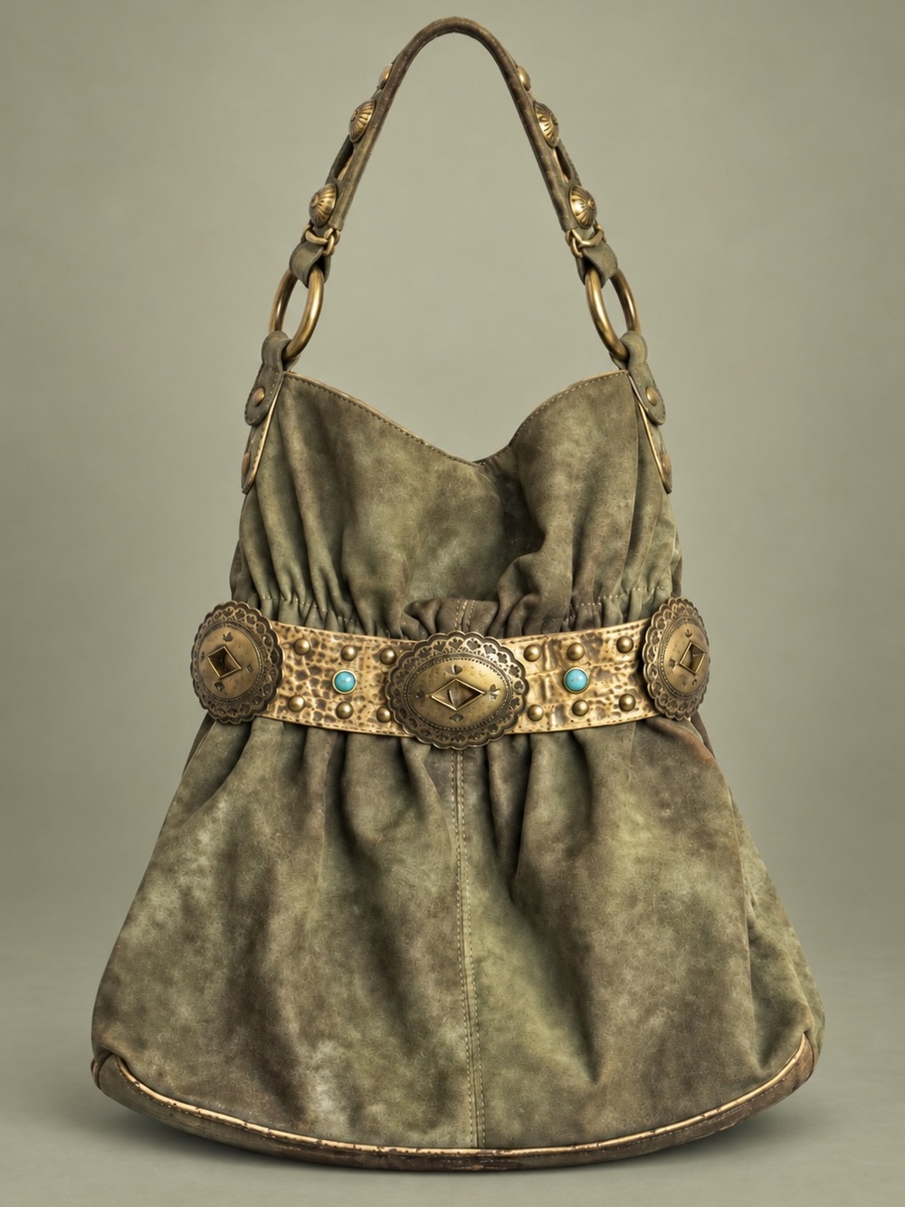 Kathy Van Zeeland Western Concho Hobo Shoulder Bag Olive Gold Boho
